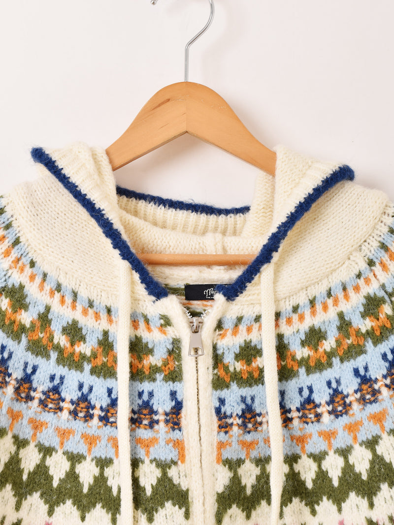 【2色展開】Meridian ノルディック柄 フード ジップアップ カーディガン