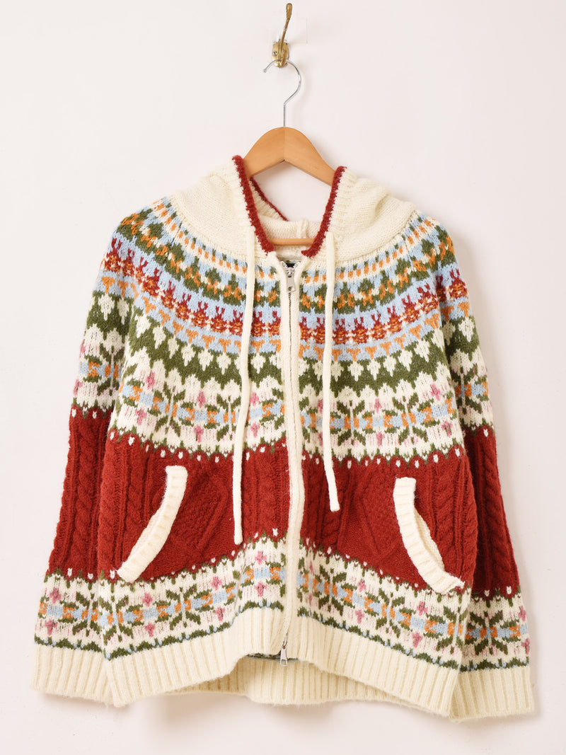【2色展開】Meridian ノルディック柄 フード ジップアップ カーディガン