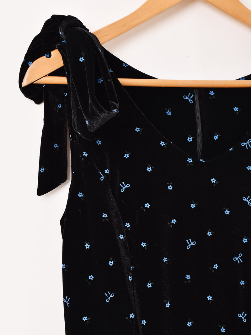 Meridian 小花柄 リボン ベロア ノースリーブワンピース