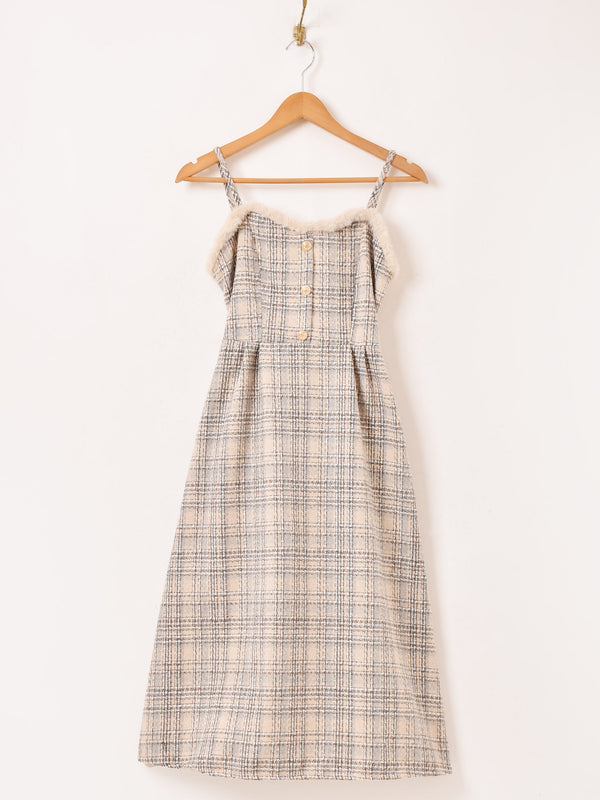 【2色展開】Meridian チェック柄 ファーデザイン キャミソールワンピース