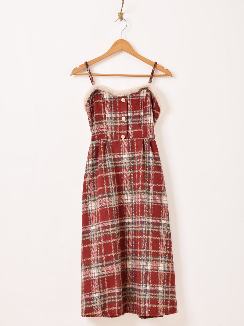 【2色展開】Meridian チェック柄 ファーデザイン キャミソールワンピース