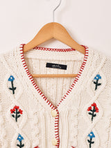 Meridian フラワー刺繍 ケーブル編み カーディガン