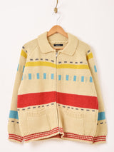 Meridian カウチン風 幾何学柄 カーディガン