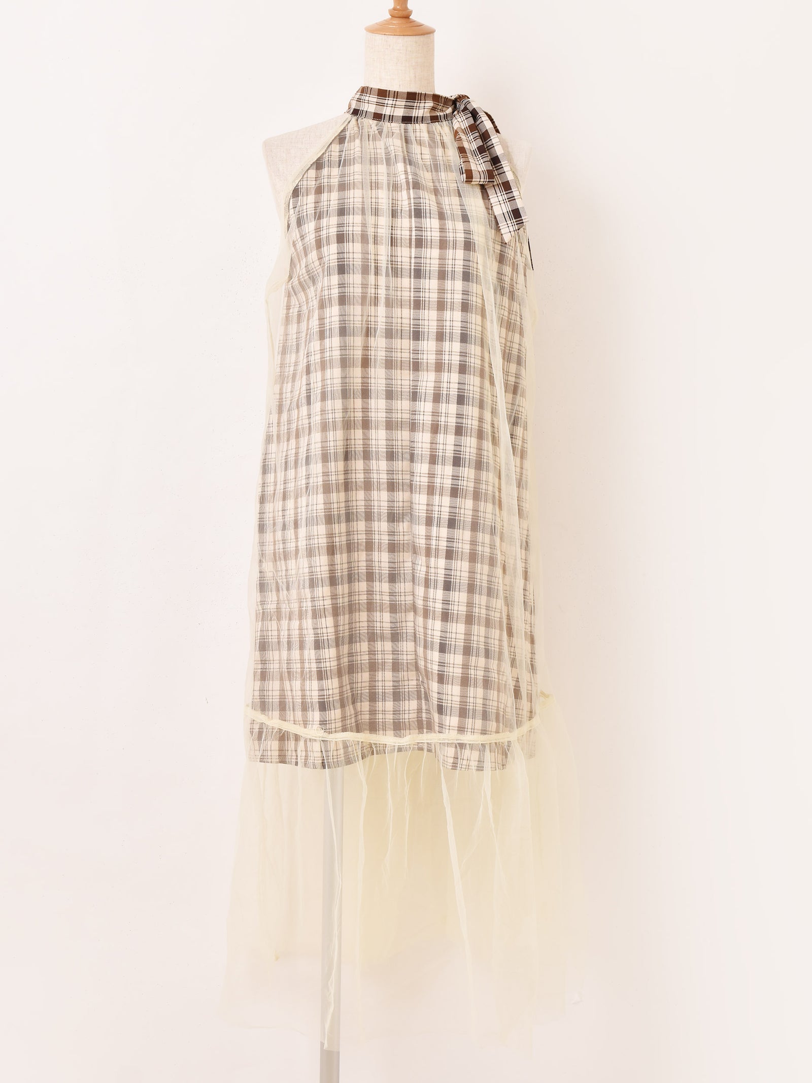 3色展開】Meridian チェック柄×チュール リボンネック ノースリーブ