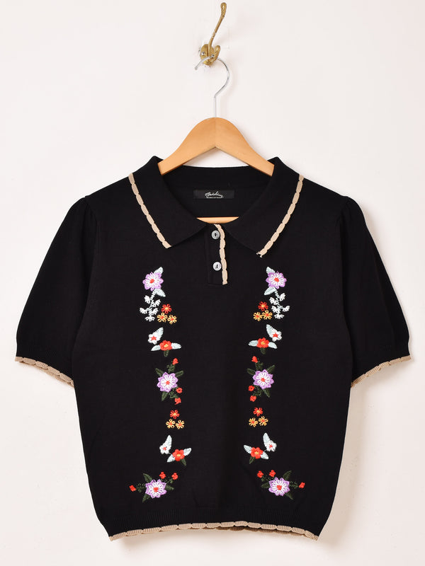 【2色展開】Meridian フラワー刺繍 半袖 ポロセーター