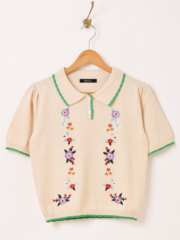 【2色展開】Meridian フラワー刺繍 半袖 ポロセーター