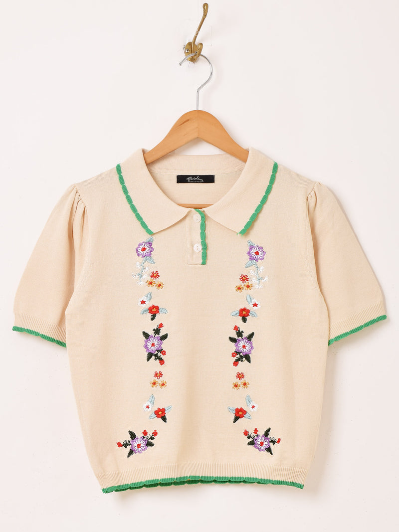 【2色展開】Meridian フラワー刺繍 半袖 ポロセーター