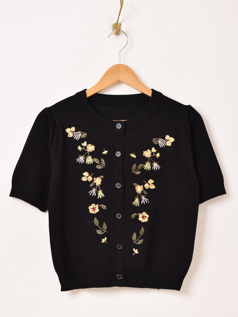 【2色展開】Meridian フラワー刺繍 半袖 カーディガン