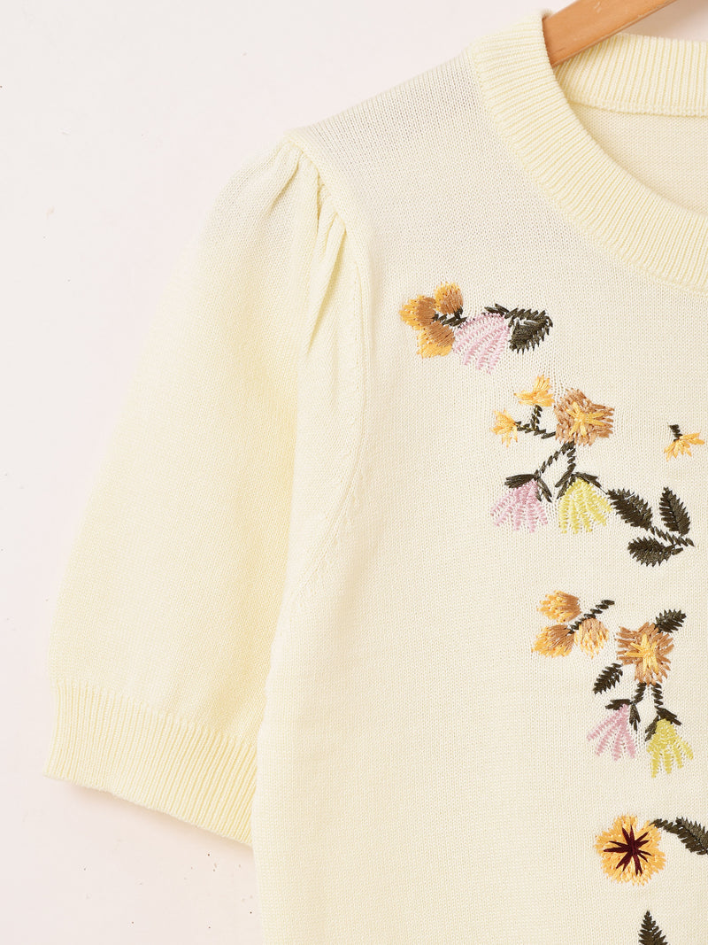 【2色展開】Meridian フラワー刺繍 半袖 カーディガン