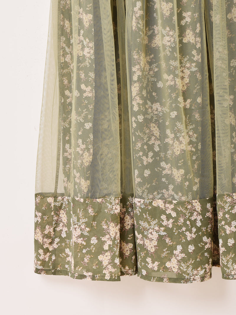 【3色展開】Meridian 花柄 シフォン×チュール キャミソールワンピース
