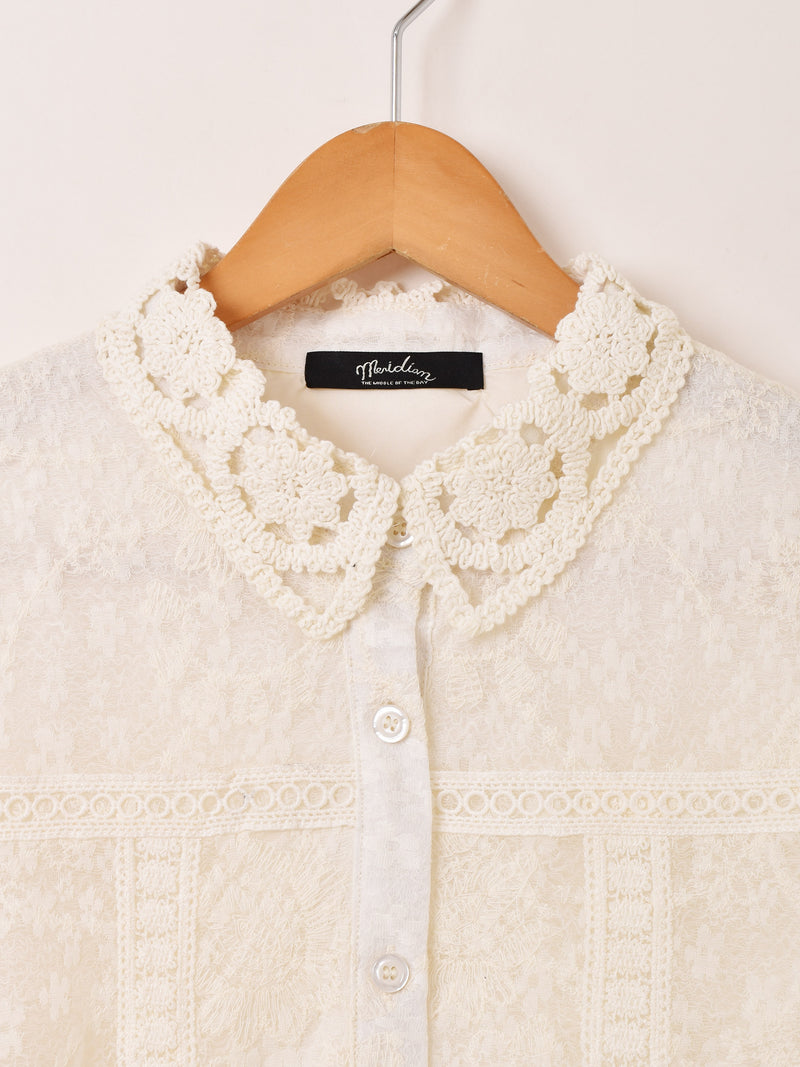 Meridian クロシェカラー 刺繍 長袖ブラウス