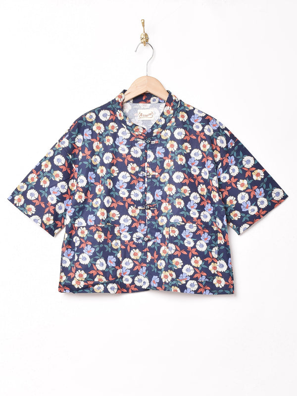 【2色展開】Elcamino 花柄 チャイナデザイン 半袖シャツ ネイビー