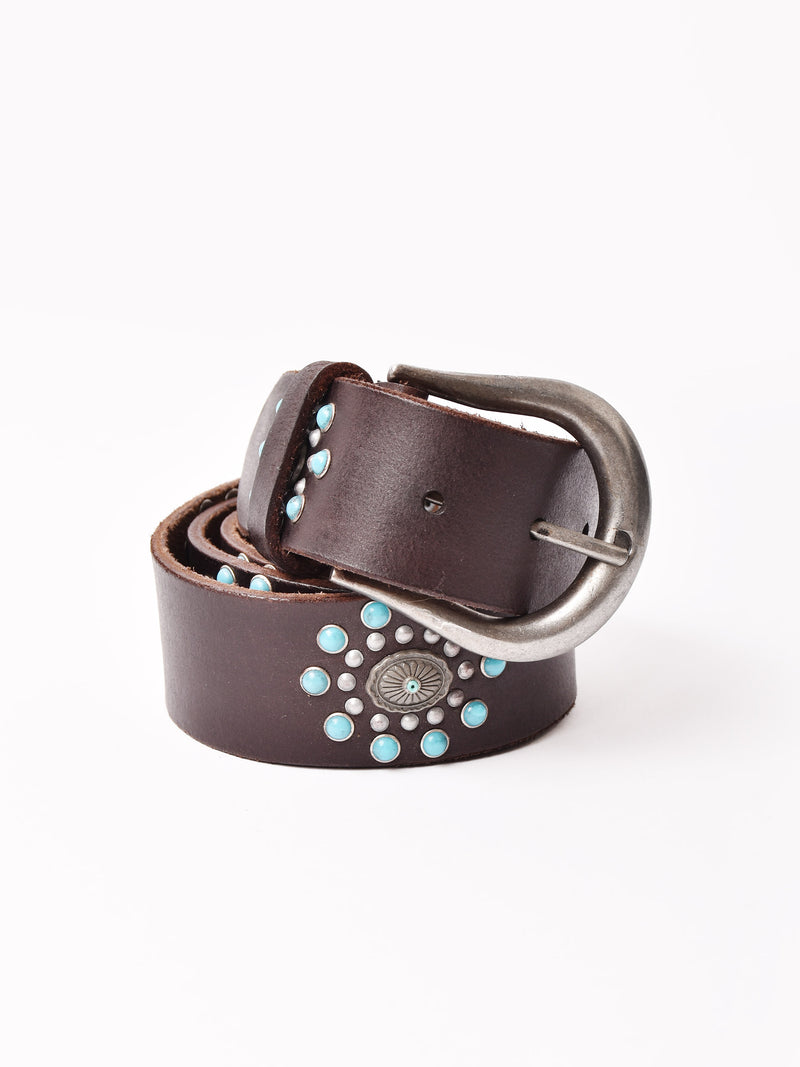 TITO LEATHER スタッズベルト 34 ターコイズ サドルレザー 茶 オーダーメイド】サドルレザースタッズベルト ターコイズ/スポッツ