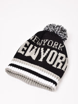 【2色展開】ポンポン付き ロゴ ニットキャップ「NEW YORK」