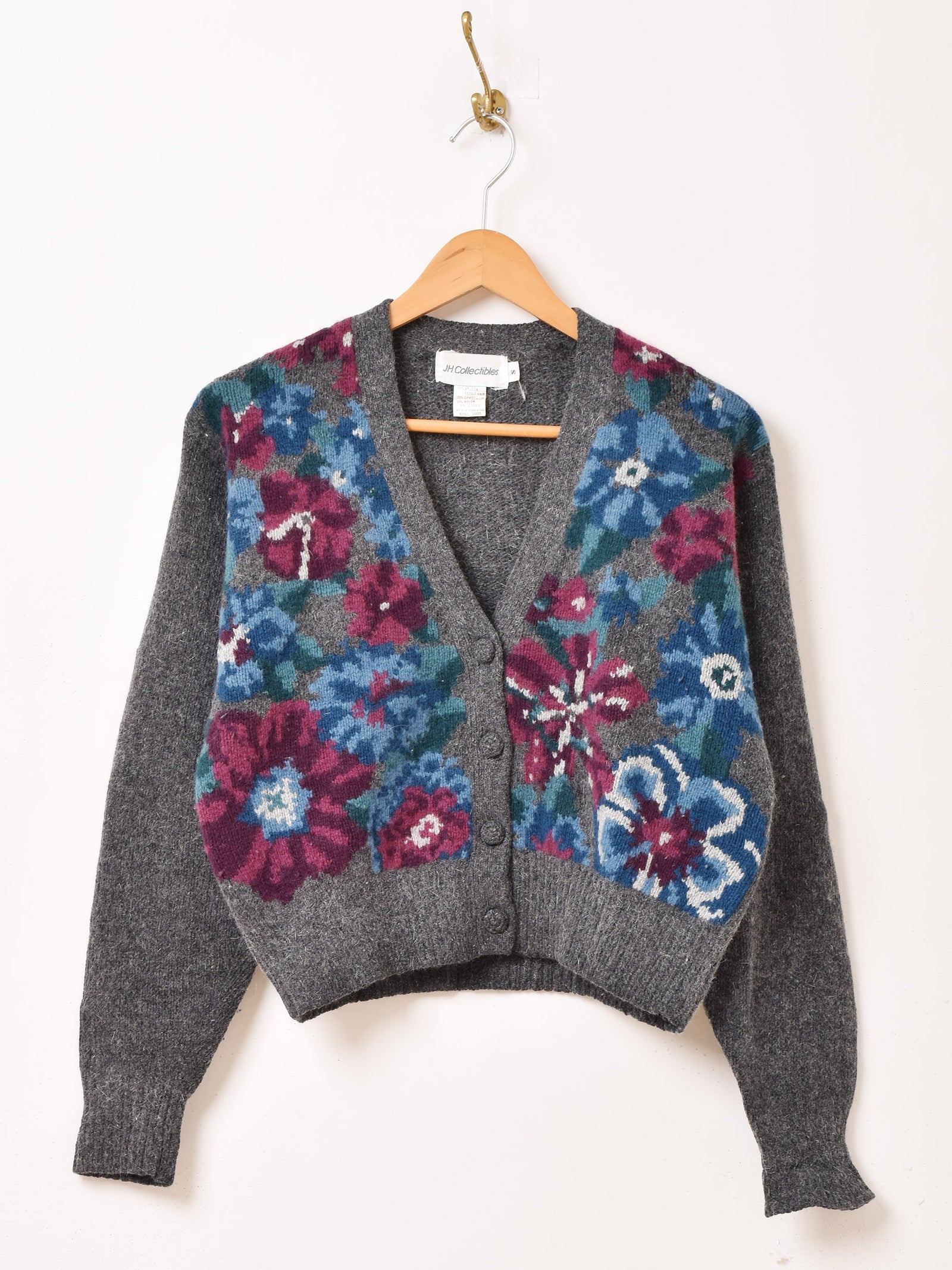 レトロ古着 お花モチーフニットカーディガン ショート丈 グレー赤 ヴィンテージ 33a6f6569c5baec23f69917b5aae84