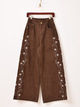 Meridian 刺繍 ブラウンカラー ワイドパンツ