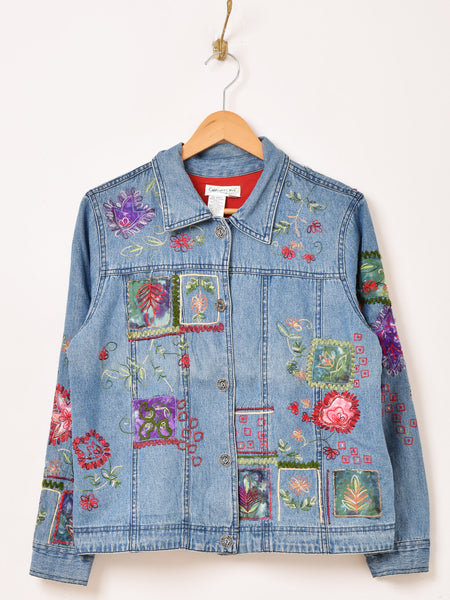 イタリア製 開襟 デニムジャケット 花刺繍 ポケット ユーロ古着u44 花 刺繍 パッチ デニムジャケット – 古着屋Top of the Hillの
