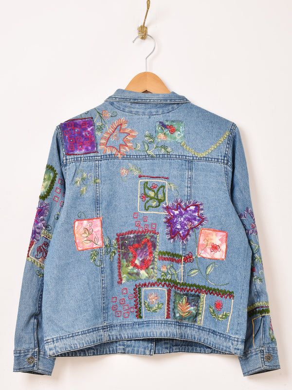 花 刺繍 パッチ デニムジャケット