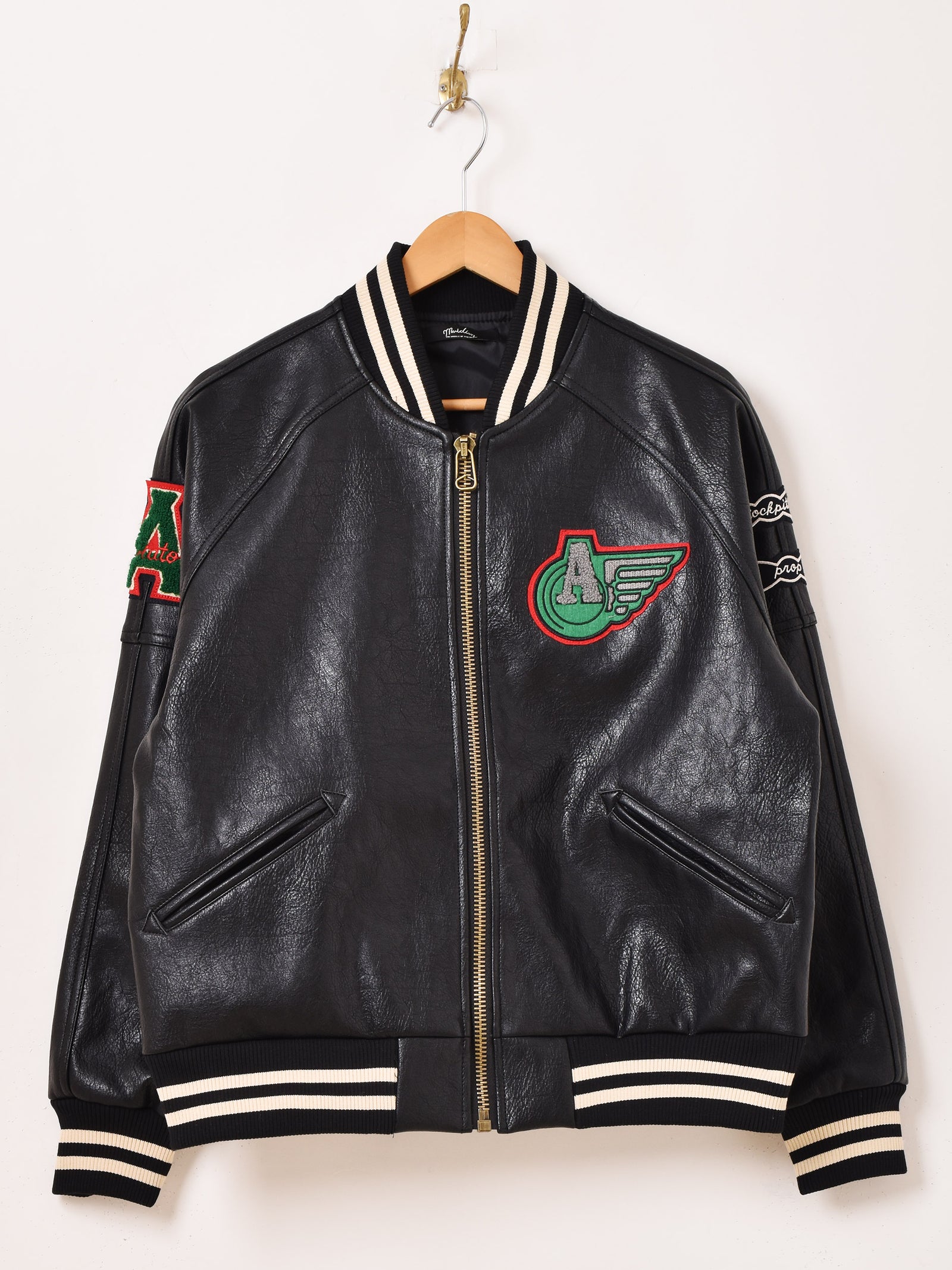 2色展開】Meridian パッチ刺繍 フェイクレザー スタジアムジャケット