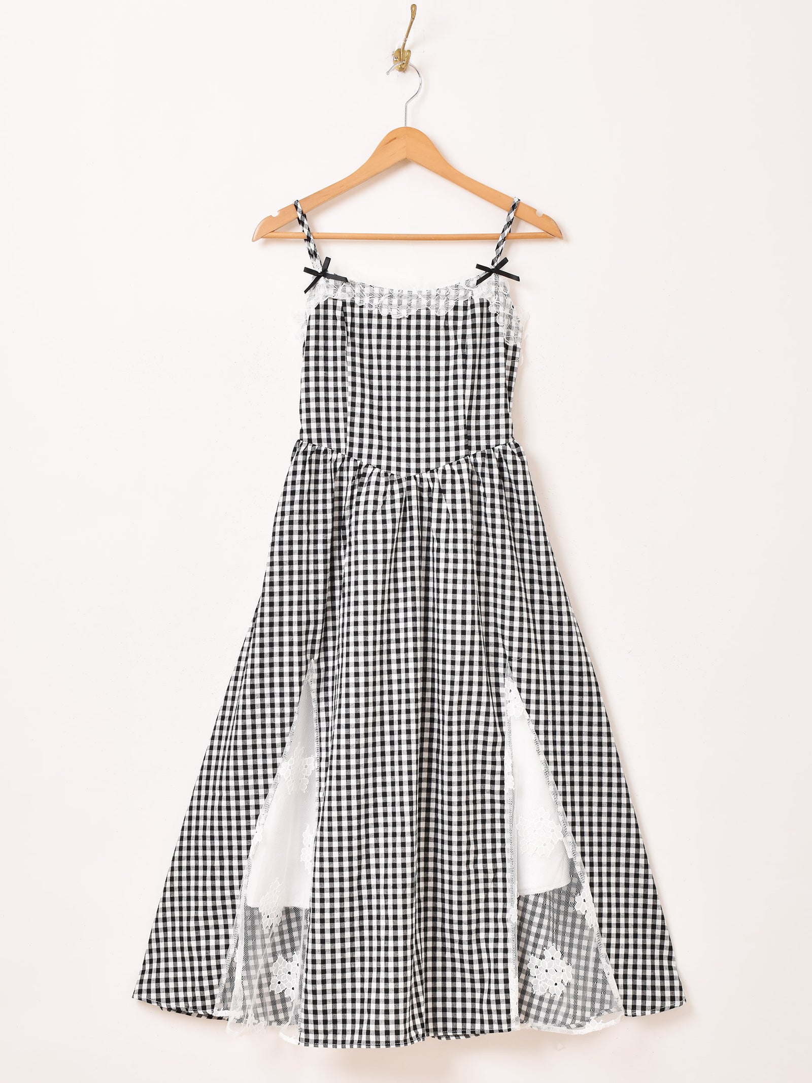 MORI-KEI 古着 水玉 チェック レース切替 フレアキャミ ワンピース 2色展開】Meridian ギンガムチェック×レース キャミソールワンピース