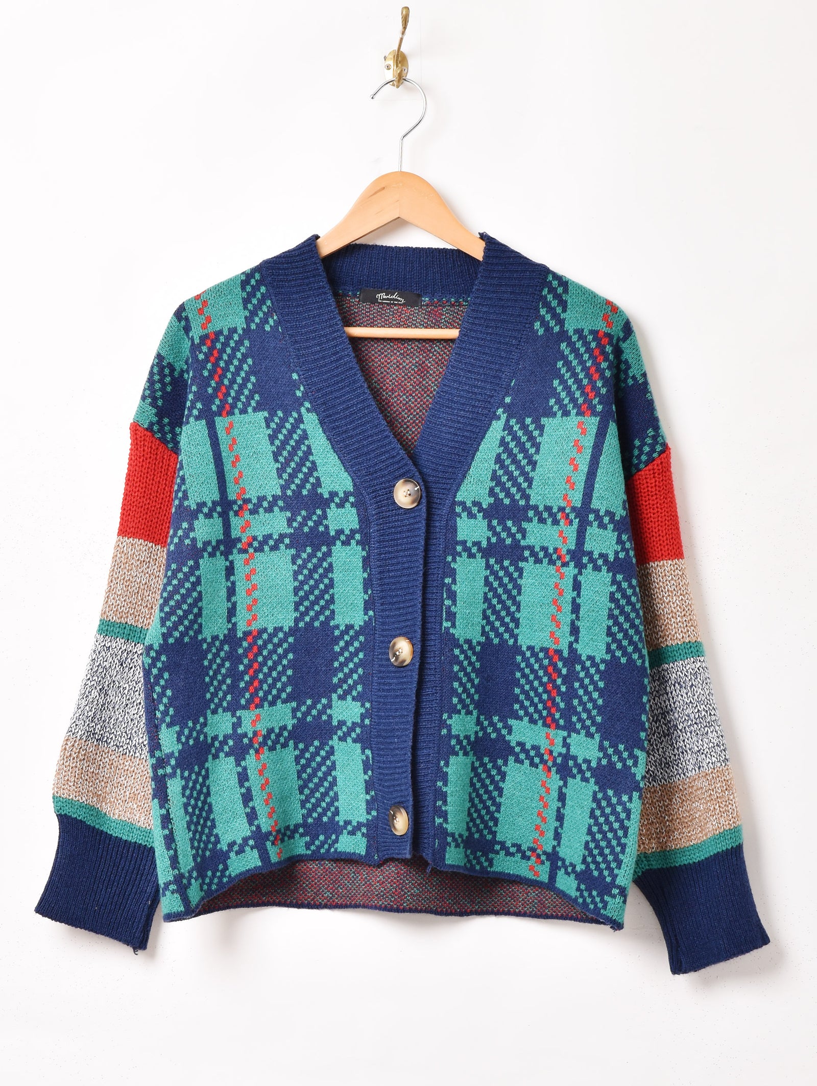 2色展開】Meridian チェック柄 切り替えデザインカーディガン – 古着屋