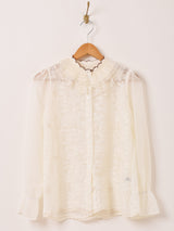 Meridian プリーツカラー 刺繍 長袖ブラウス