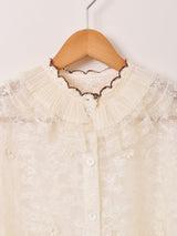 Meridian プリーツカラー 刺繍 長袖ブラウス