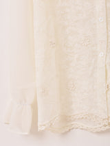 Meridian プリーツカラー 刺繍 長袖ブラウス