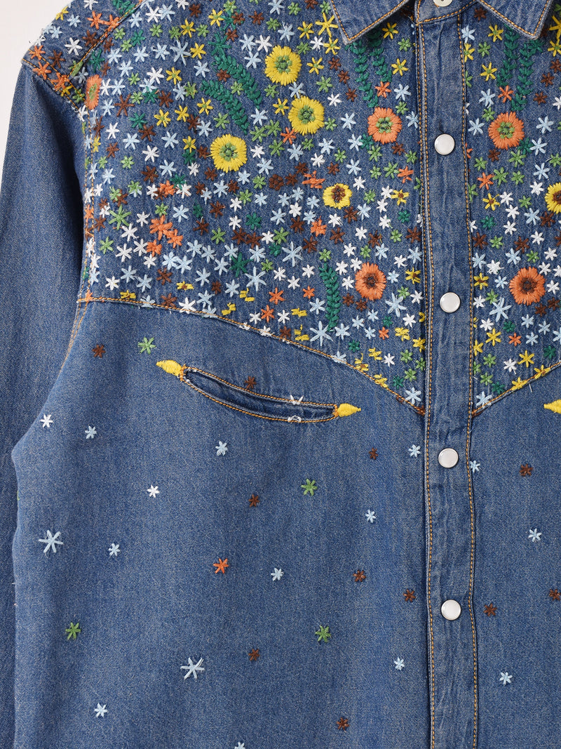 海外古着 刺繍 フラワー 花 比翼ボタン デニムシャツ ブラウス 長袖 フラワー刺繍2WAYデニムブラウス
