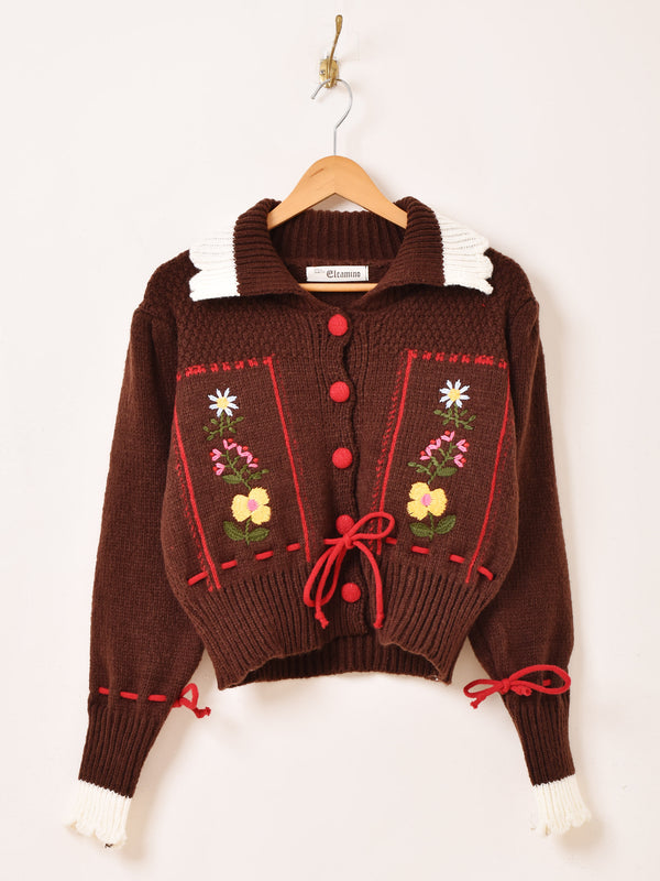 【3色展開】Elcamino フラワー刺繍 襟付き チロル風カーディガン