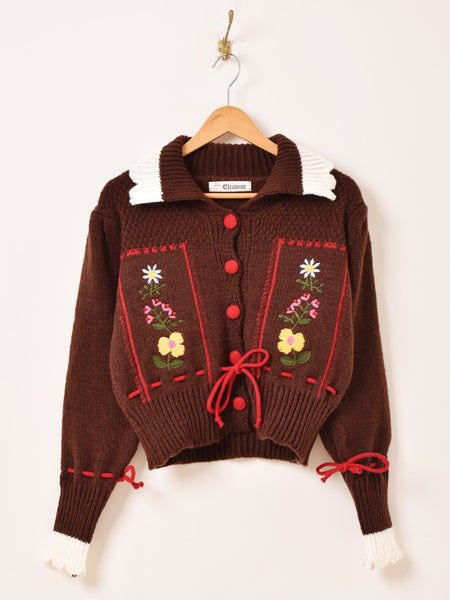 3色展開】Elcamino フラワー刺繍 襟付き チロル風カーディガン