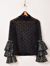 【2色展開】Meridian タートルネック ラッフルスリーブ レースカットソー