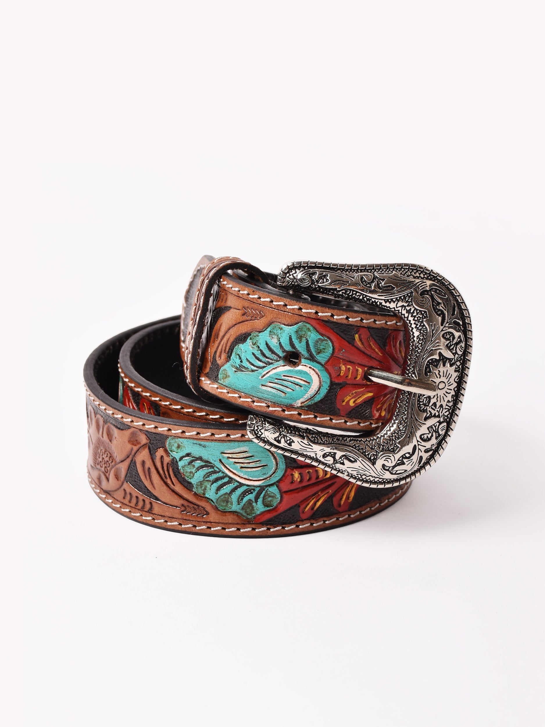 ウエスタン 型押し レッド×ターコイズ レザーベルト – 古着屋Top of
