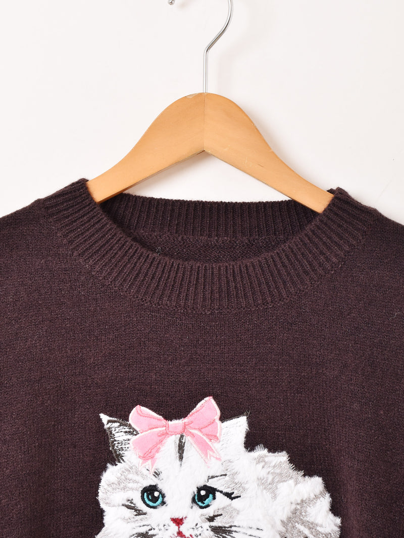 【2色展開】Meridian ネコ 刺繍 セーター