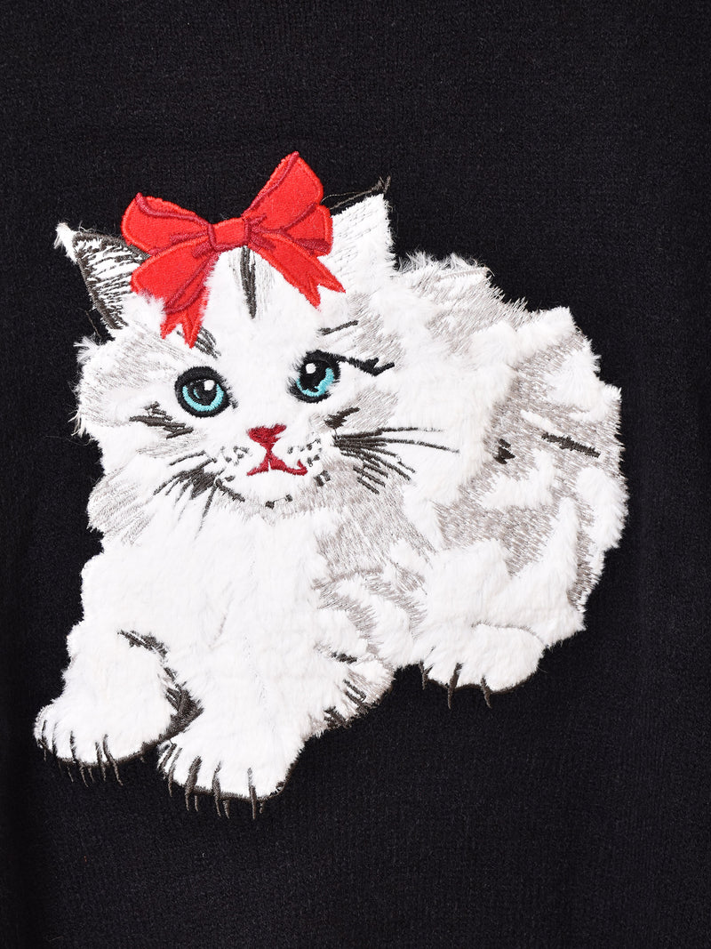 【2色展開】Meridian ネコ 刺繍 セーター