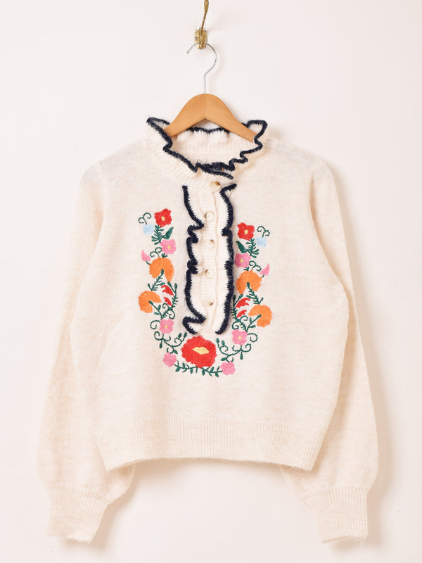 Elcamino フラワー刺繍 フリル セーター