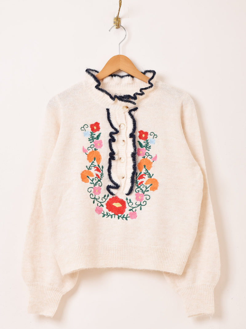 Elcamino フラワー刺繍 フリル セーター