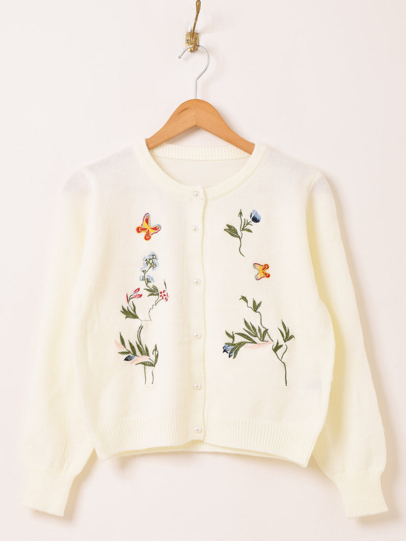 【2色展開】Meridian フラワー×バタフライ 刺繍 カーディガン