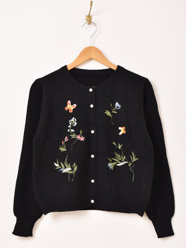 【2色展開】Meridian フラワー×バタフライ 刺繍 カーディガン