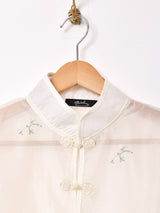 刺繍 花柄 マンダリンカラー 半袖 シアーシャツ