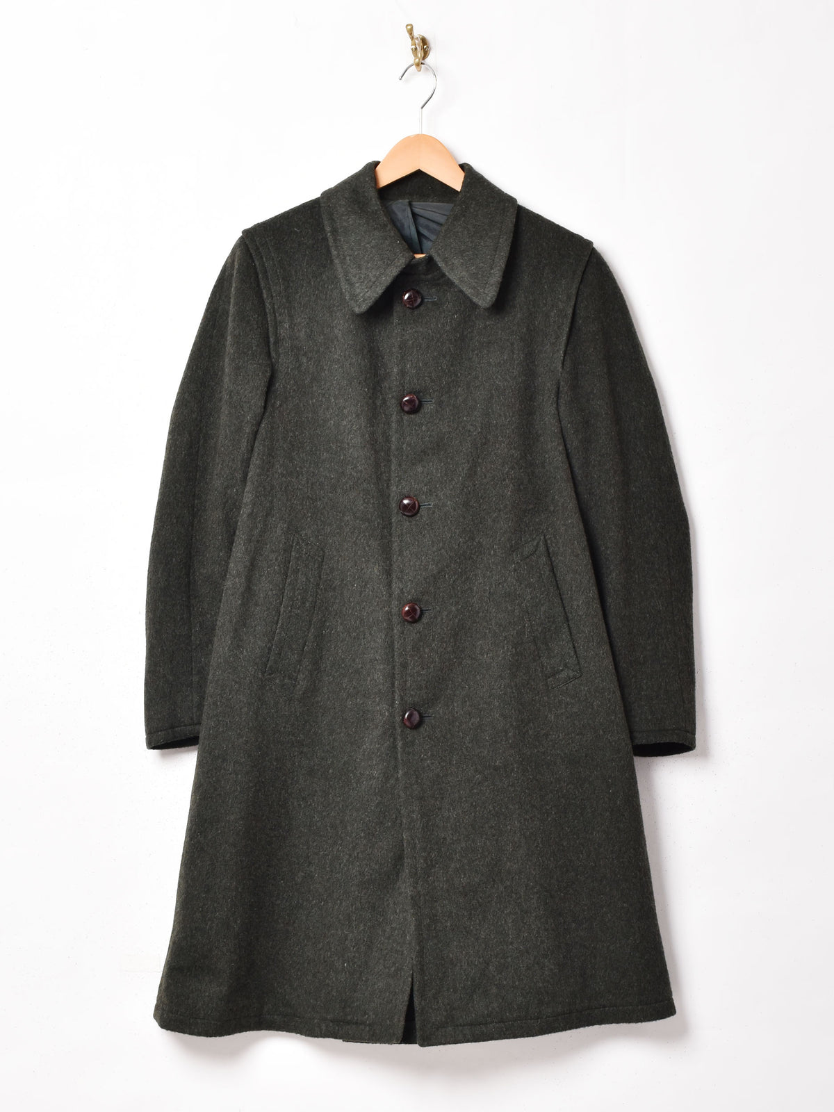 80sヴィンテージ【アメリカ古着❗️】超美品！ウール　ロングコートネイビー紺色 80's PIONEER WEAR レザーパッチ デニム ロングコート - 古着屋