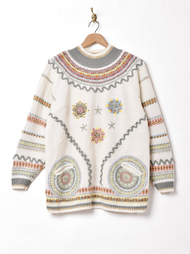 ハイネック フラワー 刺繍 セーター