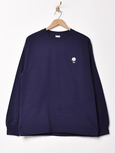 リネン刺繍入り長袖トップス ダークブルー sakishimatokyo tシャツ フラワー柄 コード刺繍 シアートップス