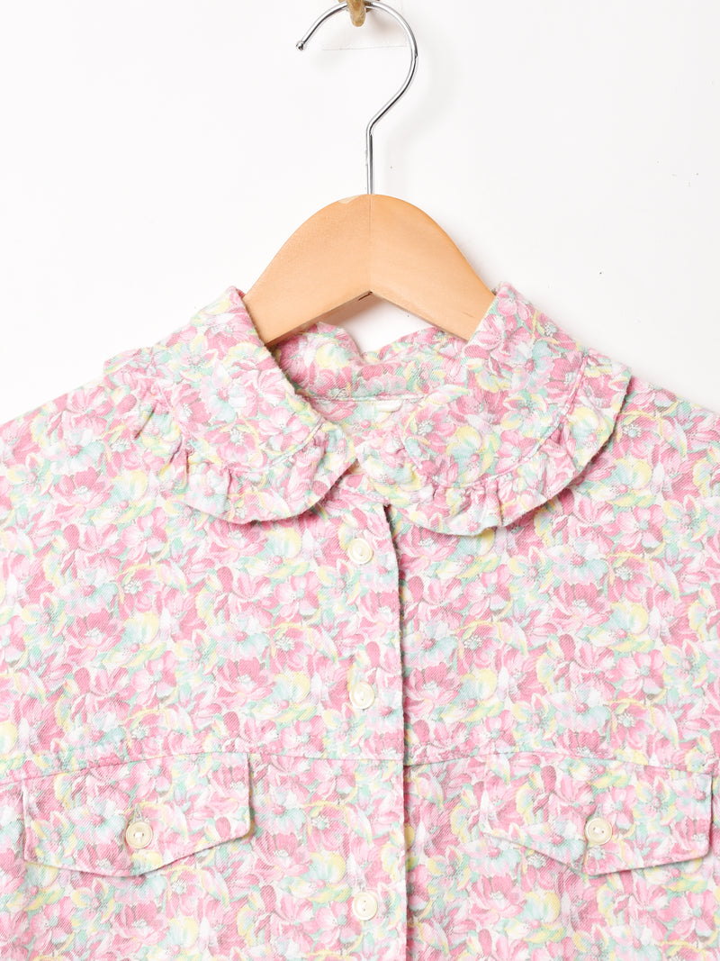 花柄 フリルカラー 長袖シャツ