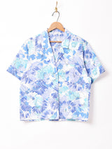 花柄 オープンカラー 半袖シャツ ブルー系