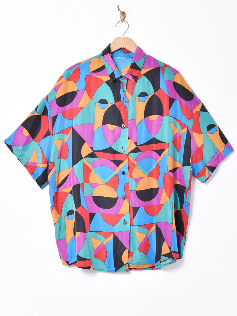 幾何学模様 半袖シルクシャツ