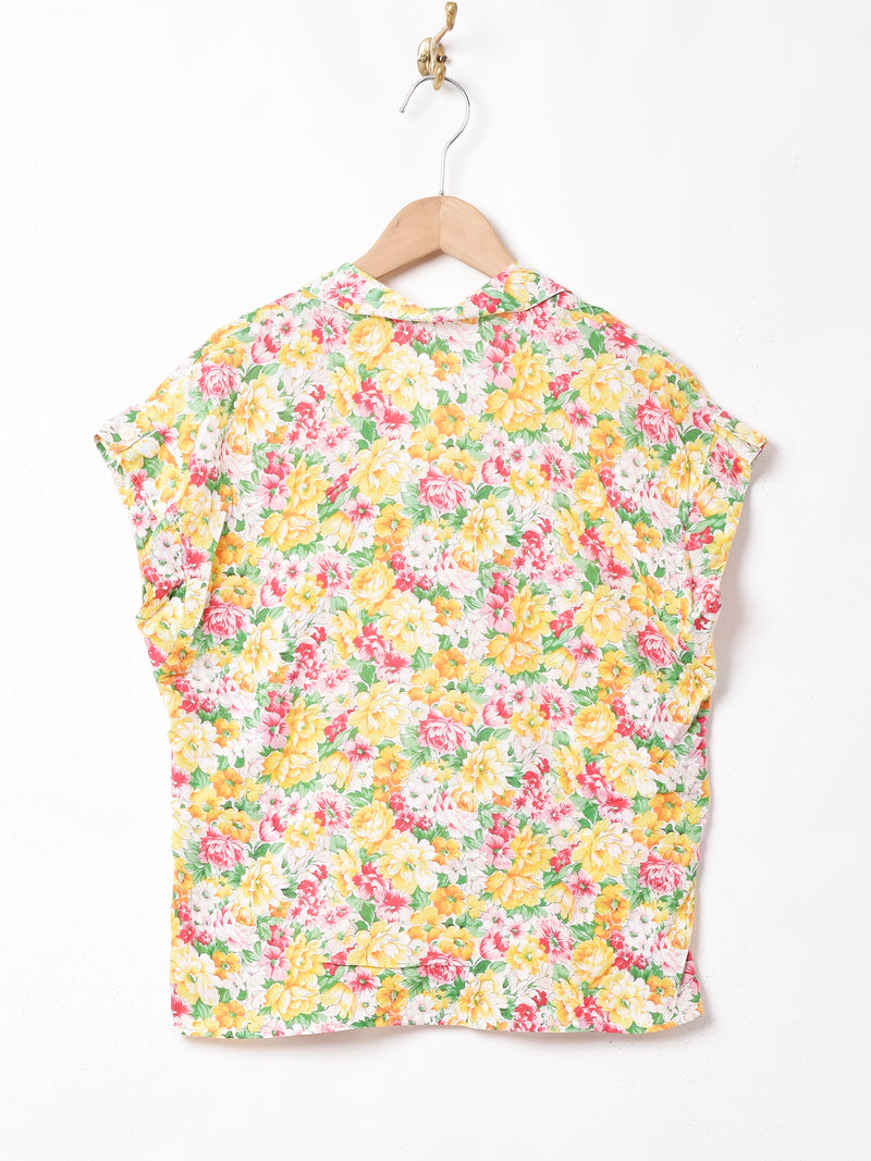 花柄 フレンチスリーブ オープンカラーシャツ