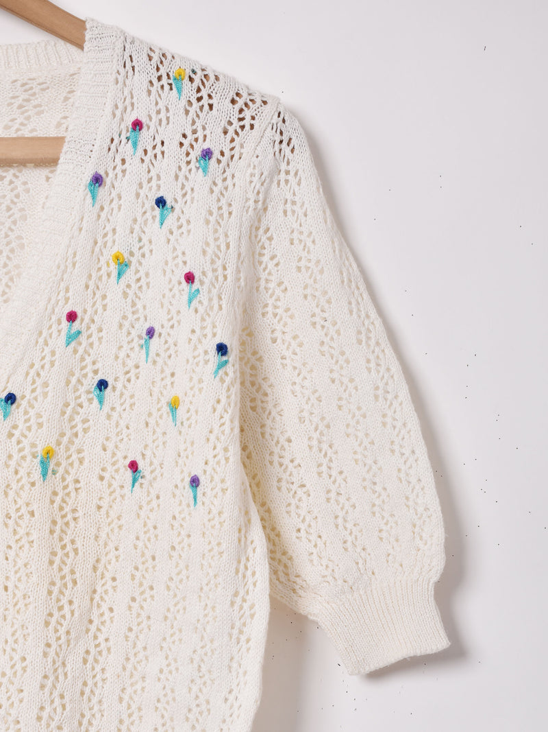 刺繍入り 半袖クロシェカーディガン