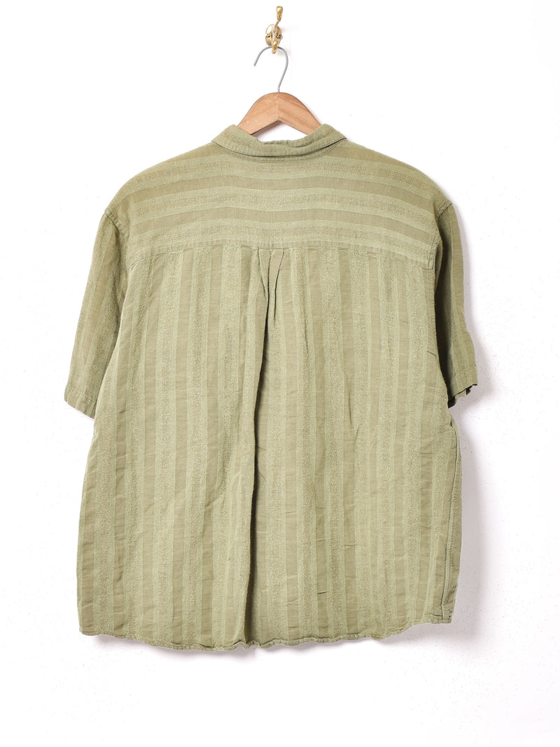 織り柄 リネン ストライプ半袖シャツ