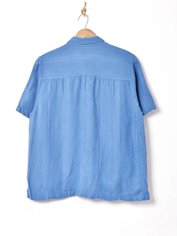 織り柄 ストライプ半袖リネン混シャツ